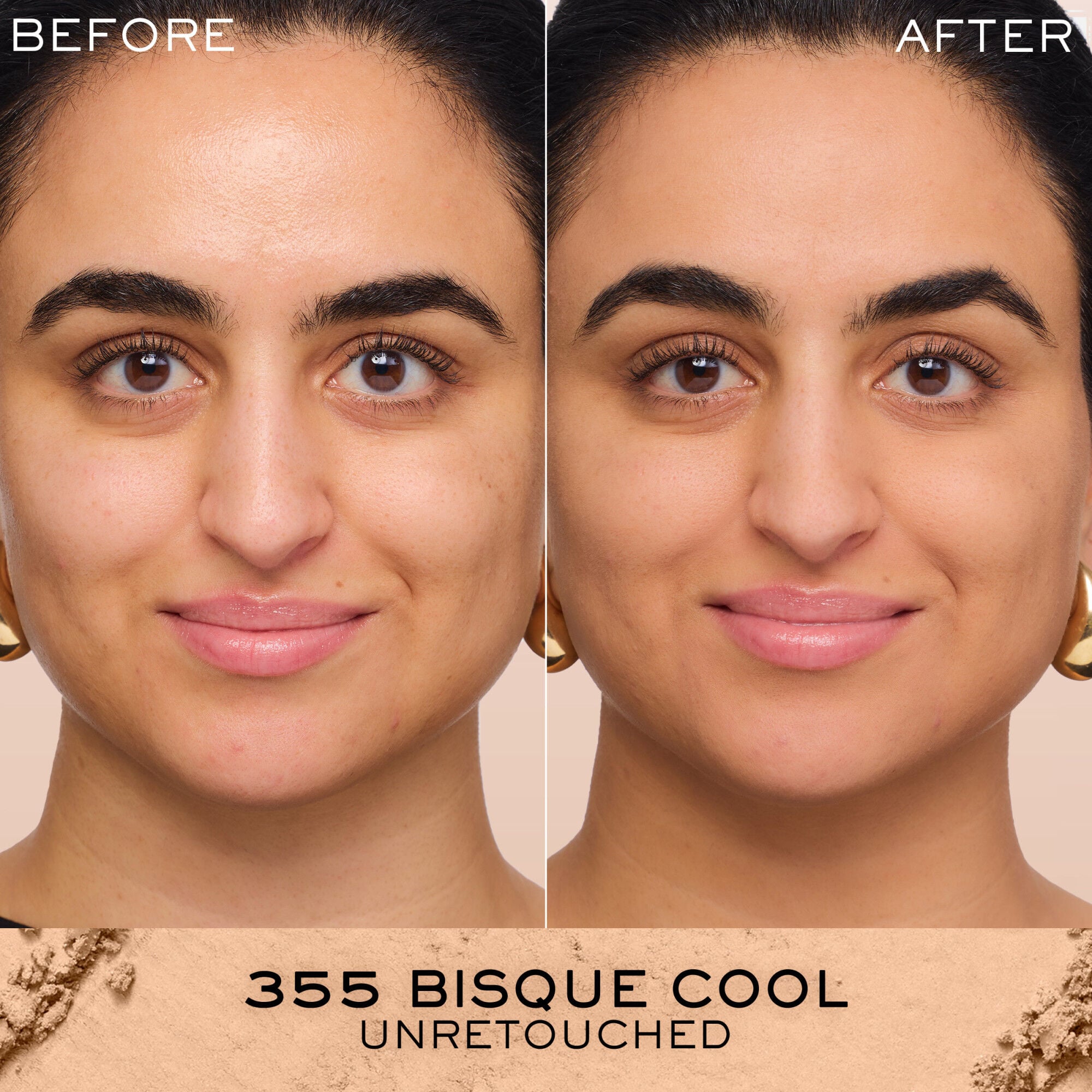 Unretouched before and after application of Dual Finish Powder Foundation compared against bare skin 