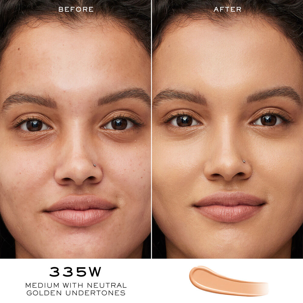 Model face before and after Teint Idole Ultra Wear Care & Glow Serum Concealer application to show concealer results 