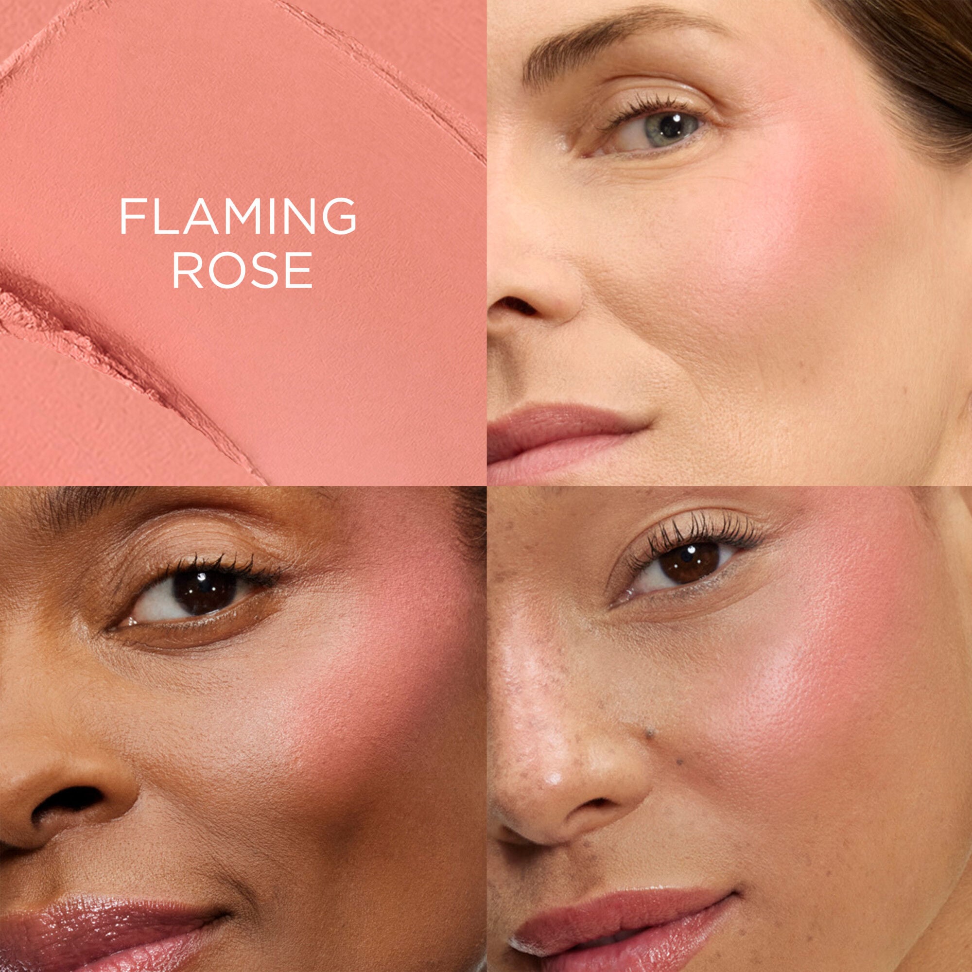 Teint Idole Shape Stick Blush shades applied on models with light, medium, and deep skin tones to compare results 