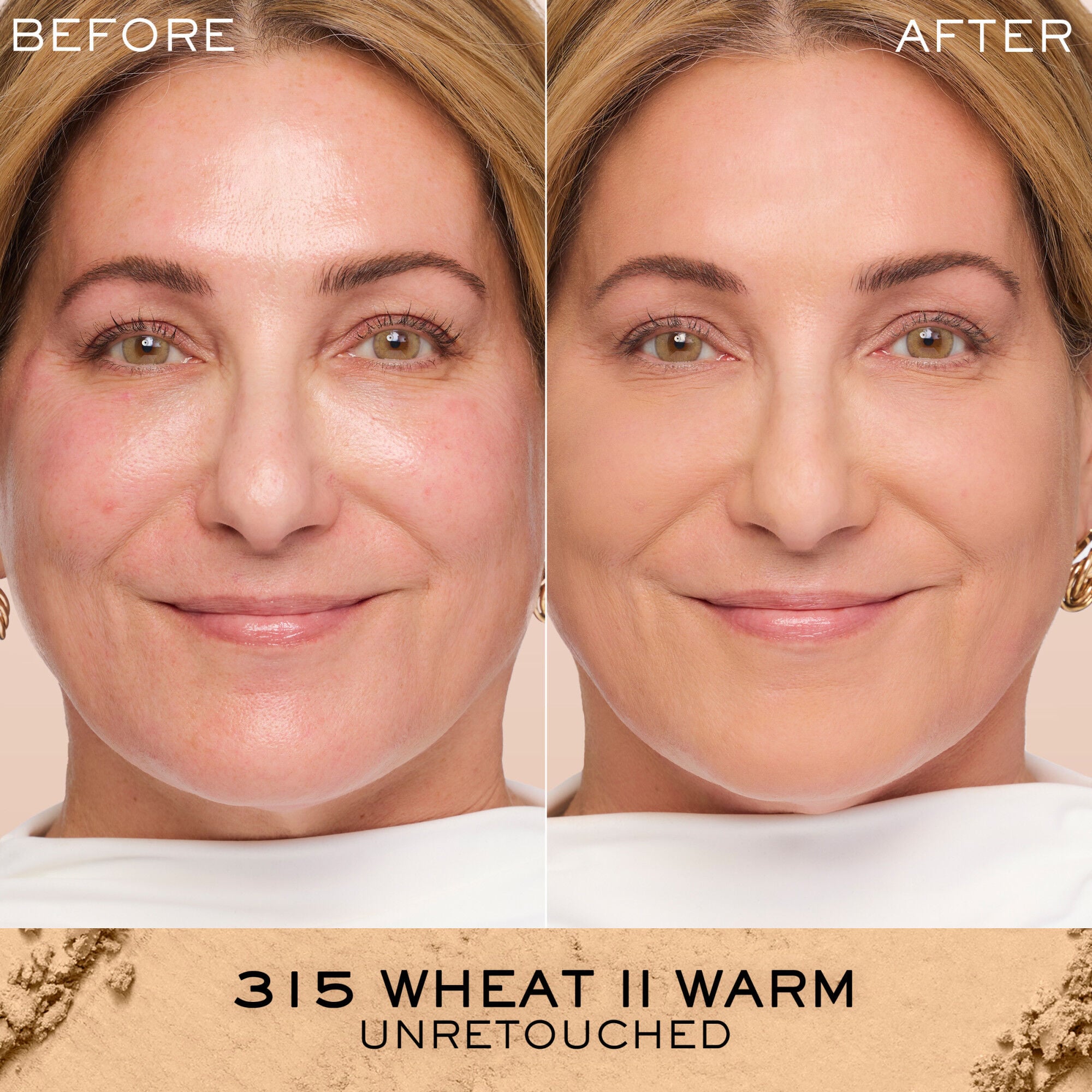 Unretouched before and after application of Dual Finish Powder Foundation compared against bare skin 