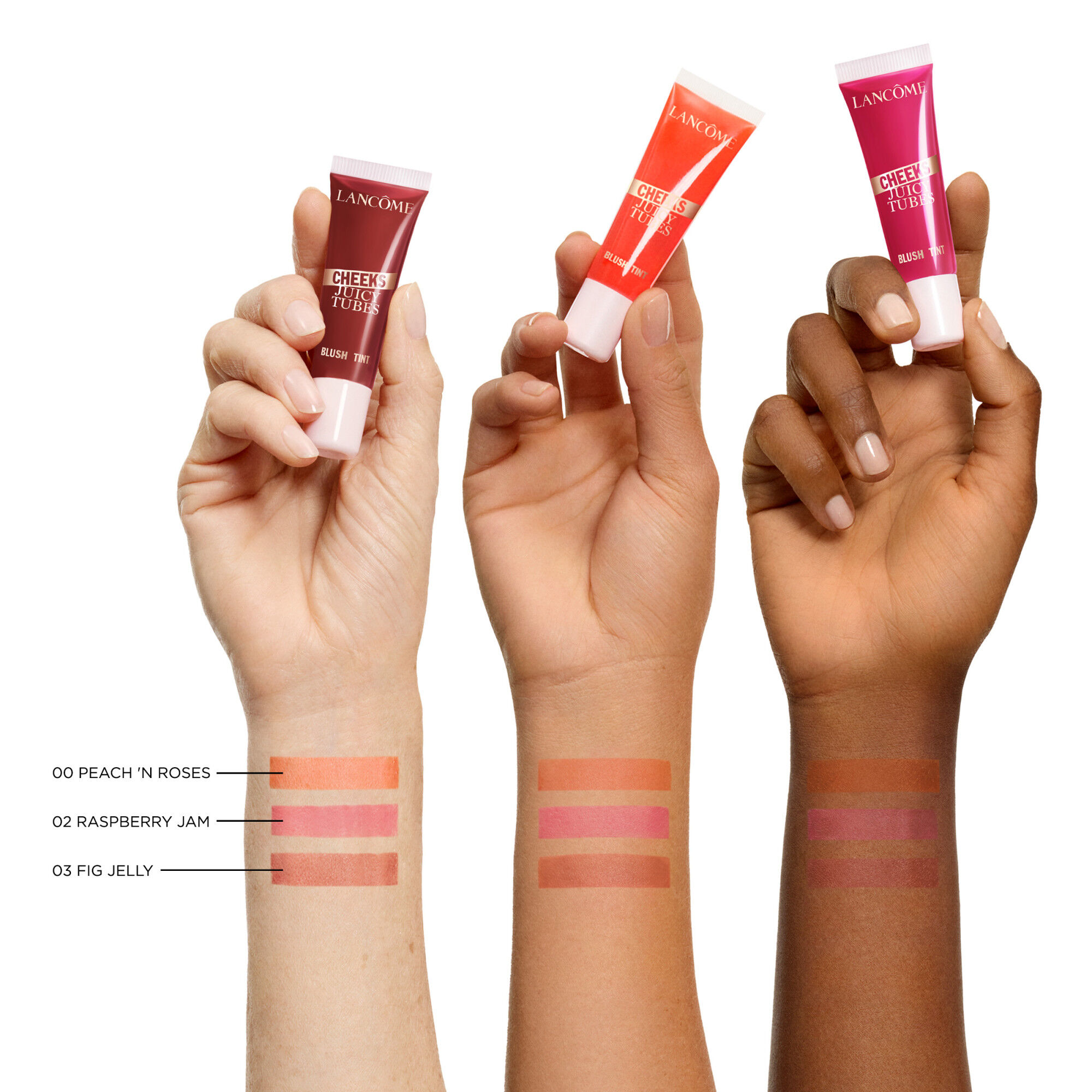 Shade 00 Peach N’ Roses, 02 Raspberry Jam, and 03 Fig Jelly swatched on light, medium and deep skin tones 
