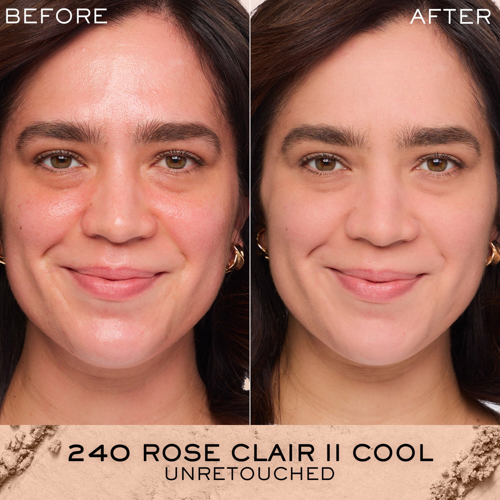 Unretouched before and after application of Dual Finish Powder Foundation compared against bare skin 