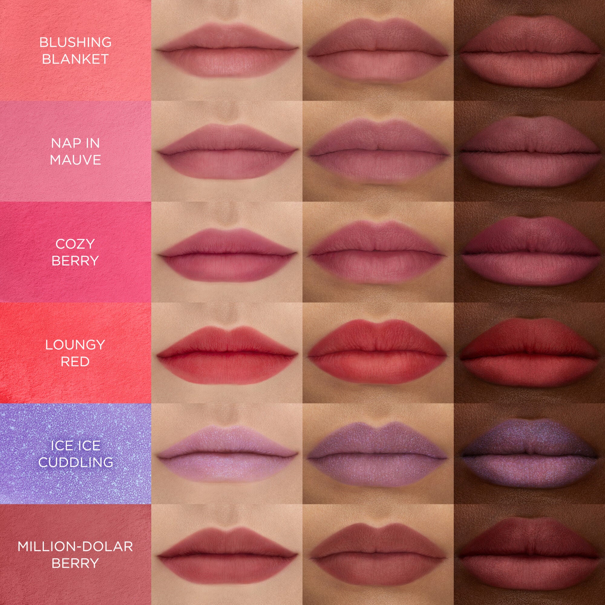 Full range of Lip Idole CuddleBlur™️ Lip Velvet applied on light, medium, and deep skin tones for comparison 