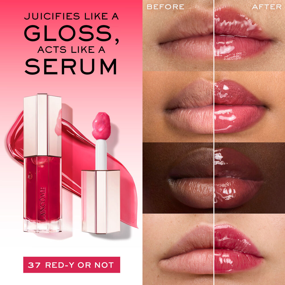 Jucifies like a gloss, acts like a serum, before and after applying JuicyTreat on 4 diverse skin tones for comparison 