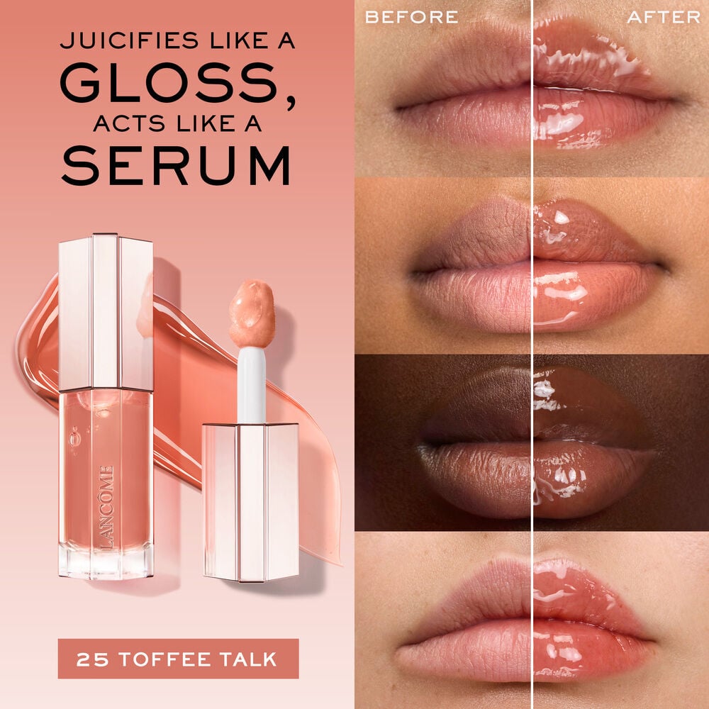 Jucifies like a gloss, acts like a serum, before and after applying JuicyTreat on 4 diverse skin tones for comparison 