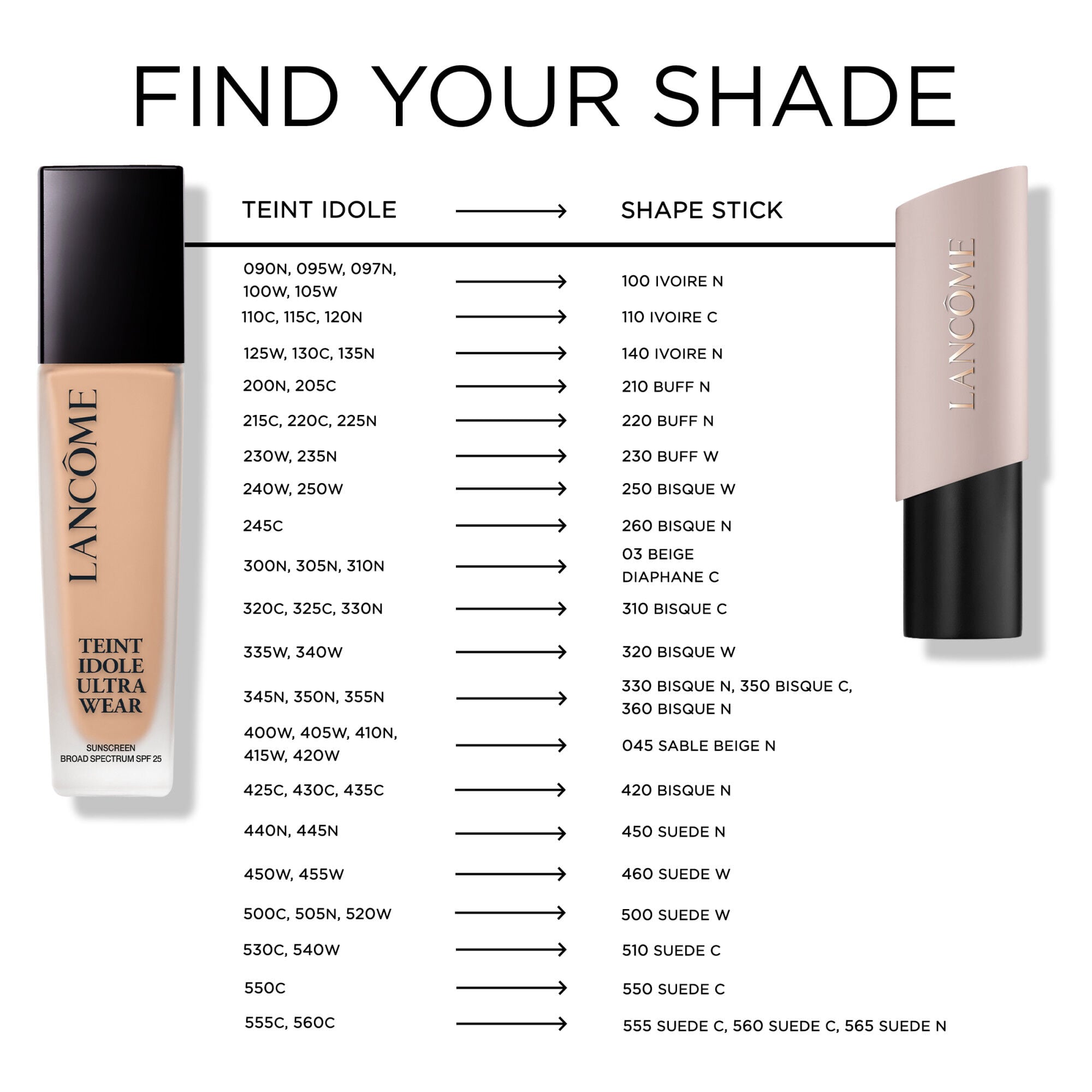 Find your shade chart to match your Teint Idole liquid foundation shades to your new Teint Idole Shape Stick shade 