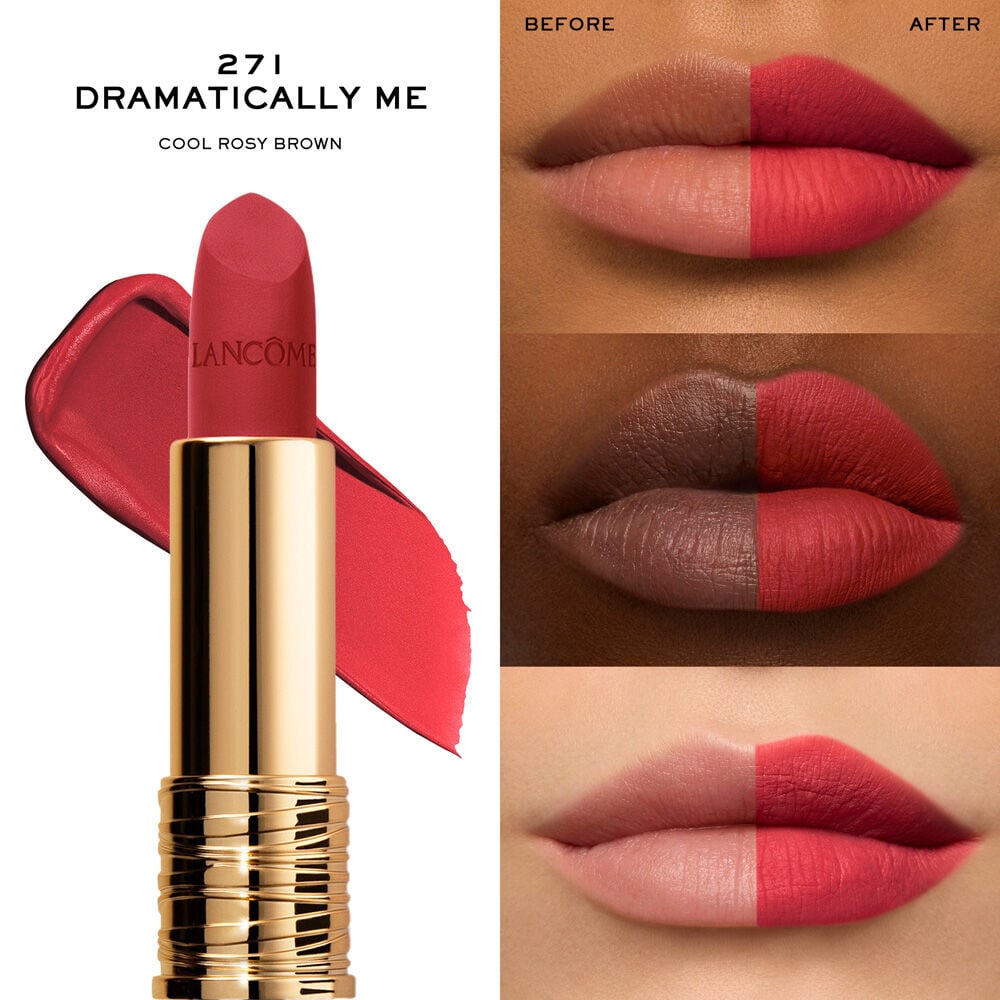 L'Absolu Rouge Drama Matte Lipstick worn on 3 diverse skin tones compared against bare lips 