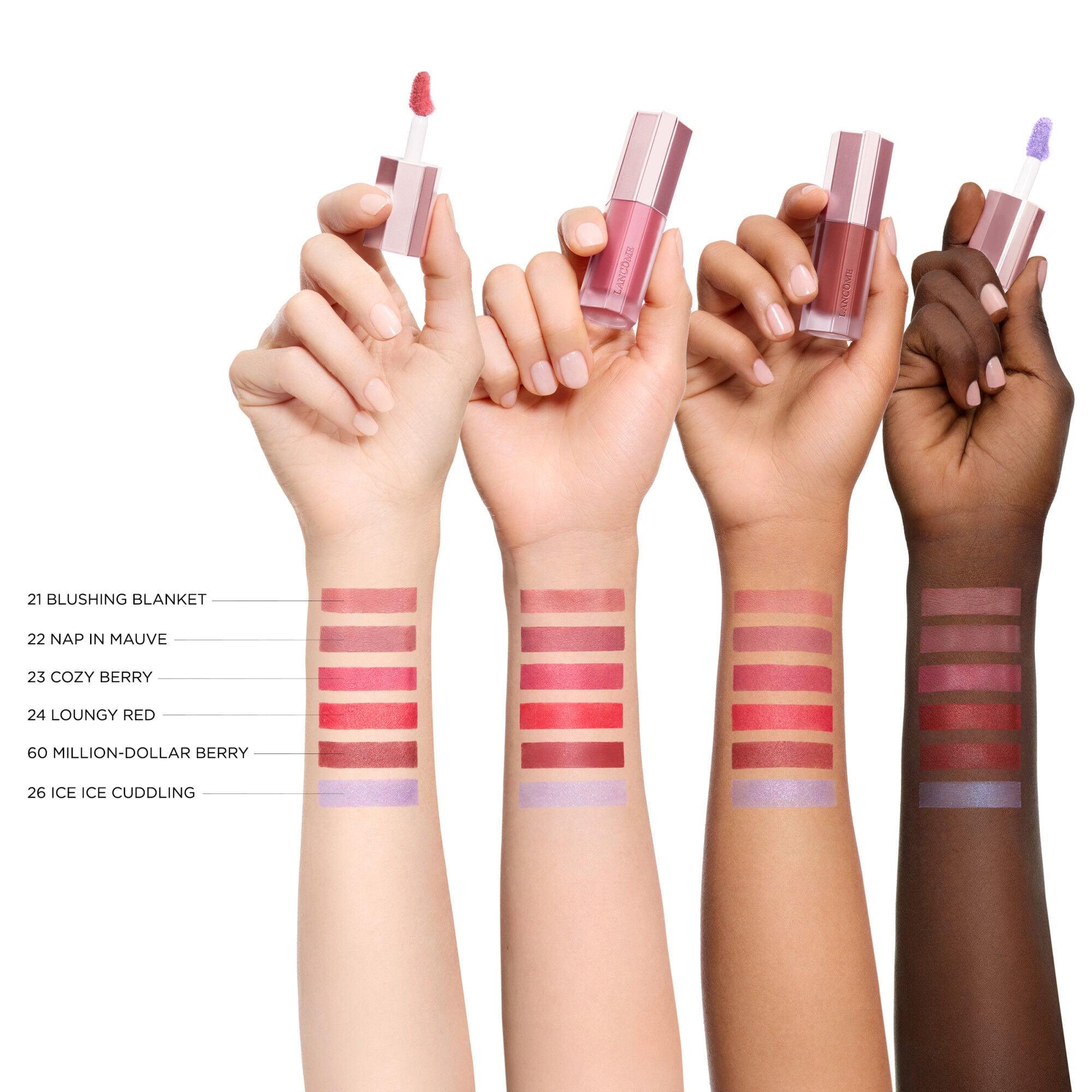 Lip Idole CuddleBlur™️ Lip Velvet’s six shades swatched on four skin tones for comparison 