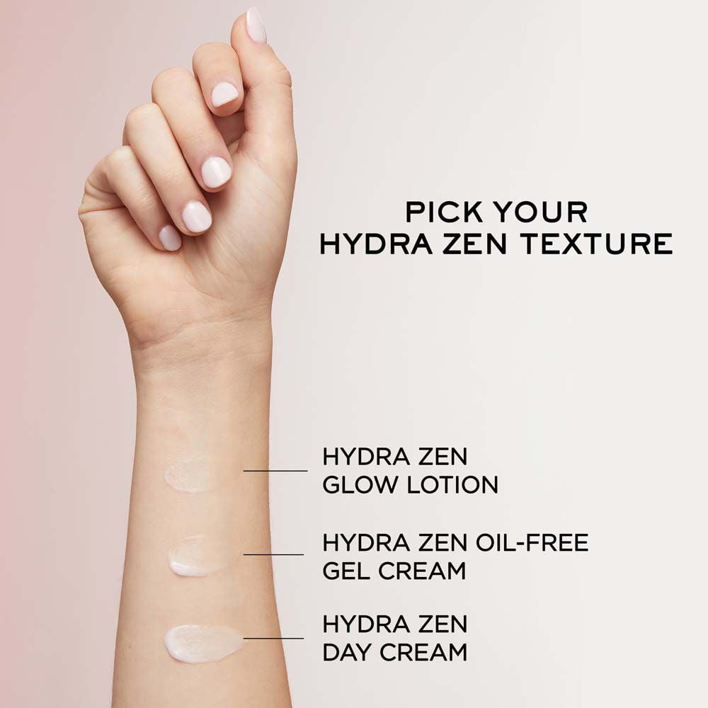 Pick your Hydra Zen texture with Glow Lotion, Oil-free Gel Cream, and Day Cream swatched on arm for comparison 