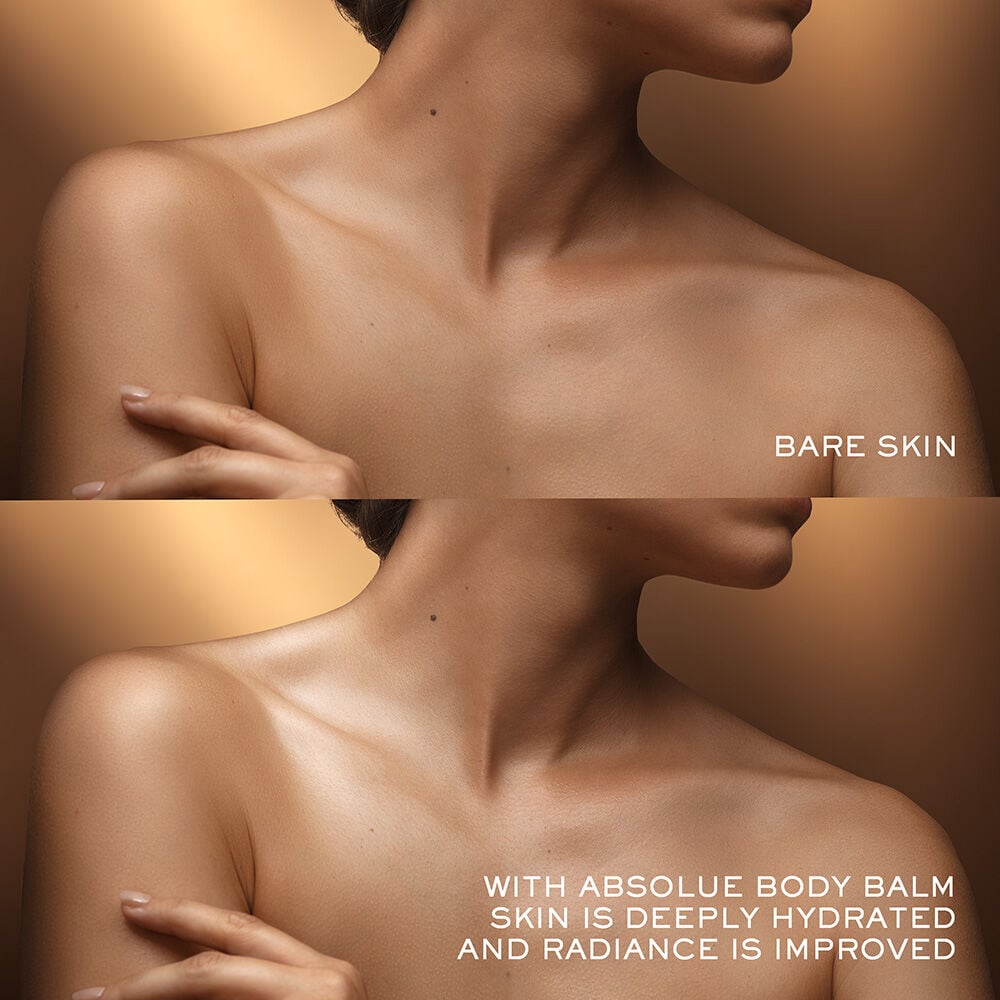 Bare skin versus skin with Absolue Soft Body Balm applied to show skin is deeply hydrated, and radiance is improved 