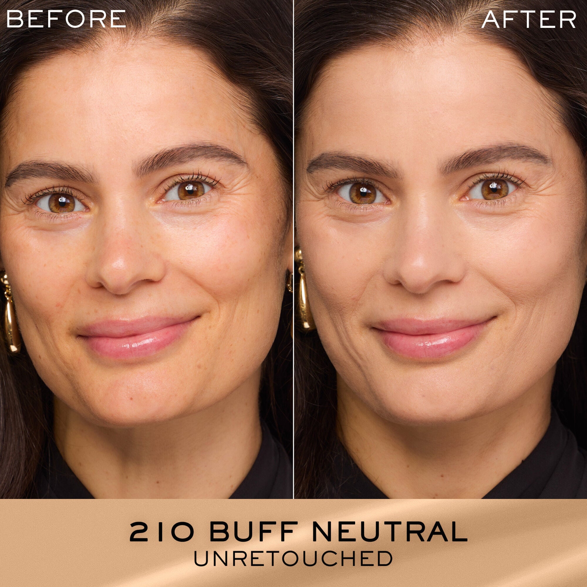 Unretouched before and after application of Renergie Lift Makeup Foundation SPF 27 compared against bare skin 