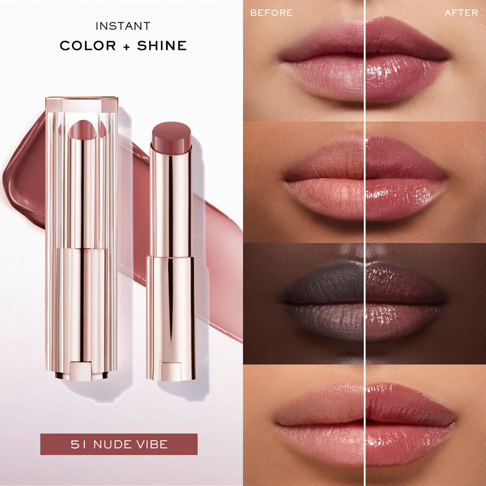 Instant color and shine on lips shown with before and after on 4 different skin tones for comparison 
