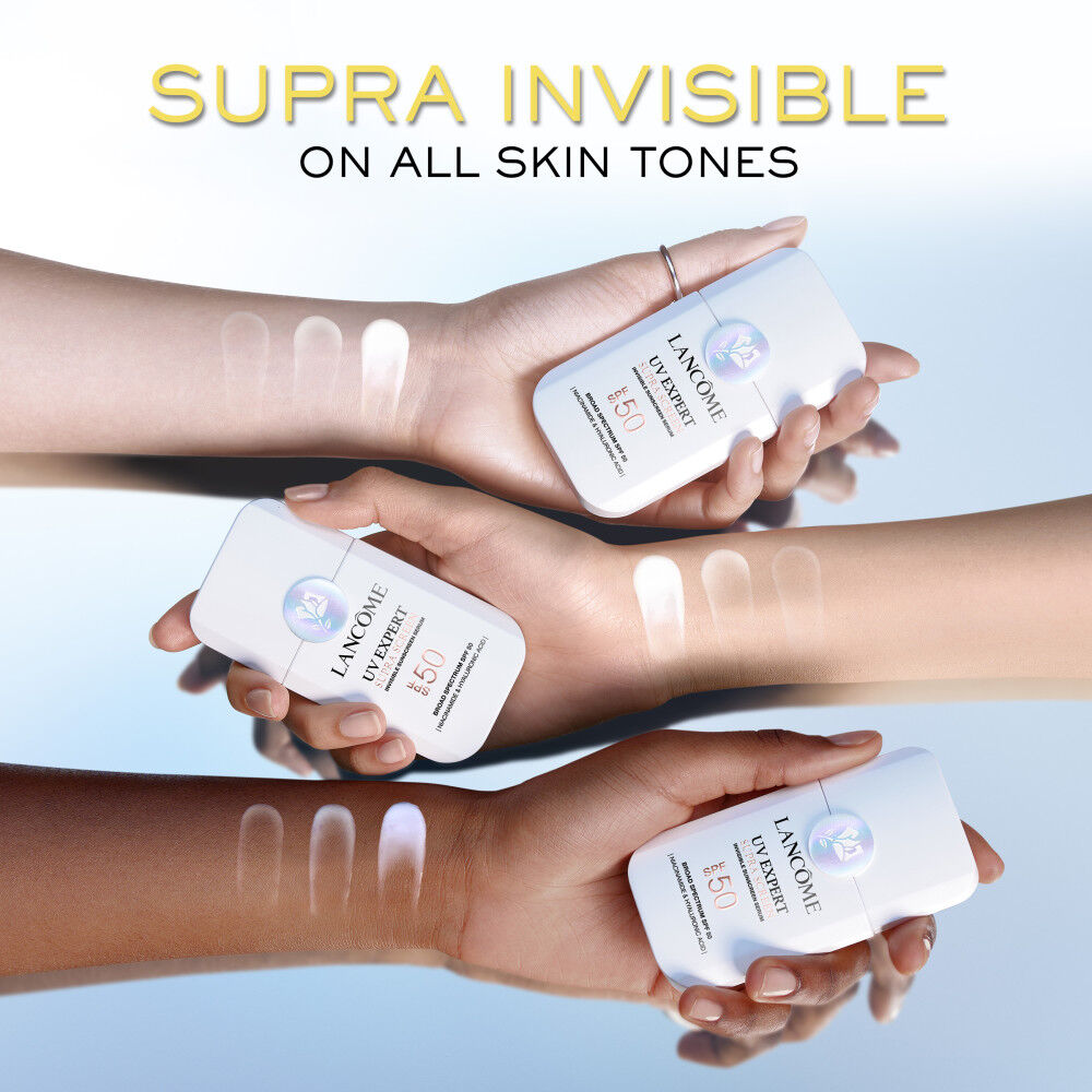 “Supra Invisible” on all skin tones with product swatched on fair, olive, and deep skin tones for comparison 