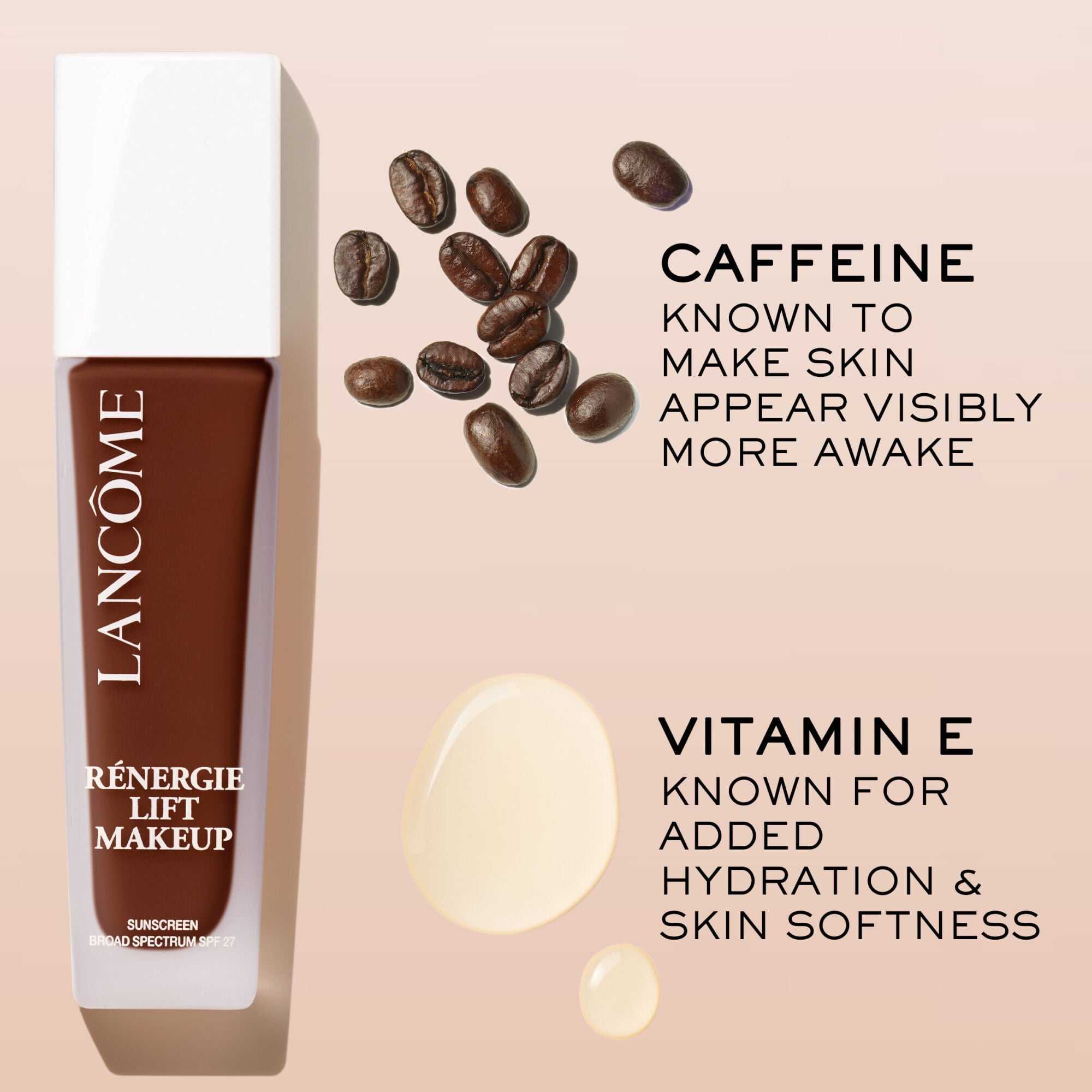 Ingredients, Caffeine, known to make skin appear more awake and Vitamin E, known for added hydration and skin softness 