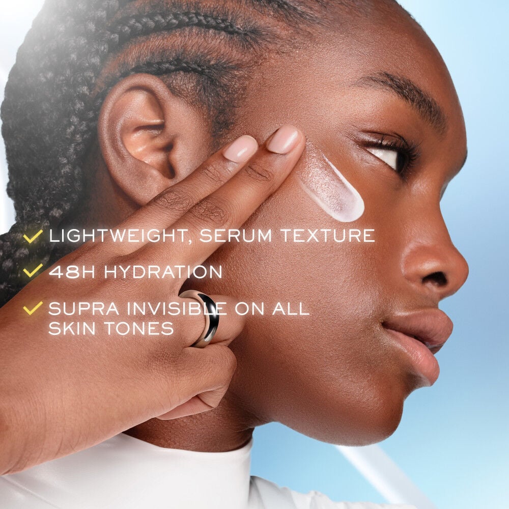 Supra Screen SPF 50+ features a lightweight serum texture, 48H hydration, and is invisible on all skin tones 