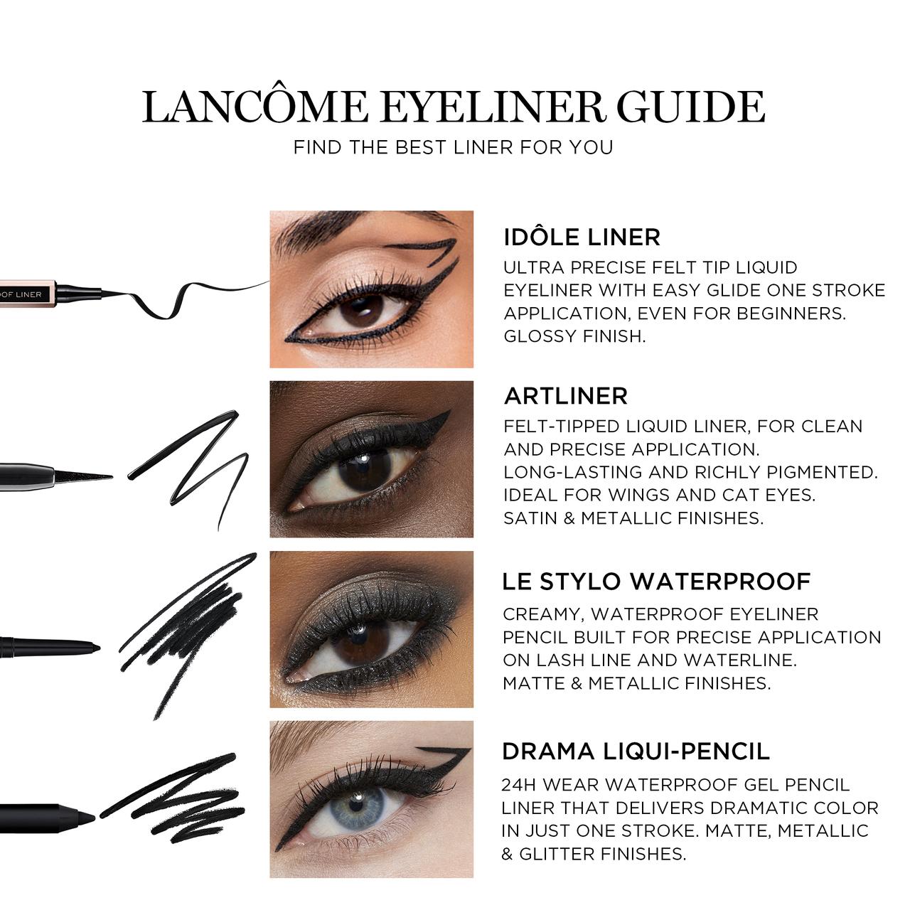 Lancome eyeliner guide, find the best liner for you with Idole Liner, Artliner, Le Stylo, and Drama Liqui-Pencil