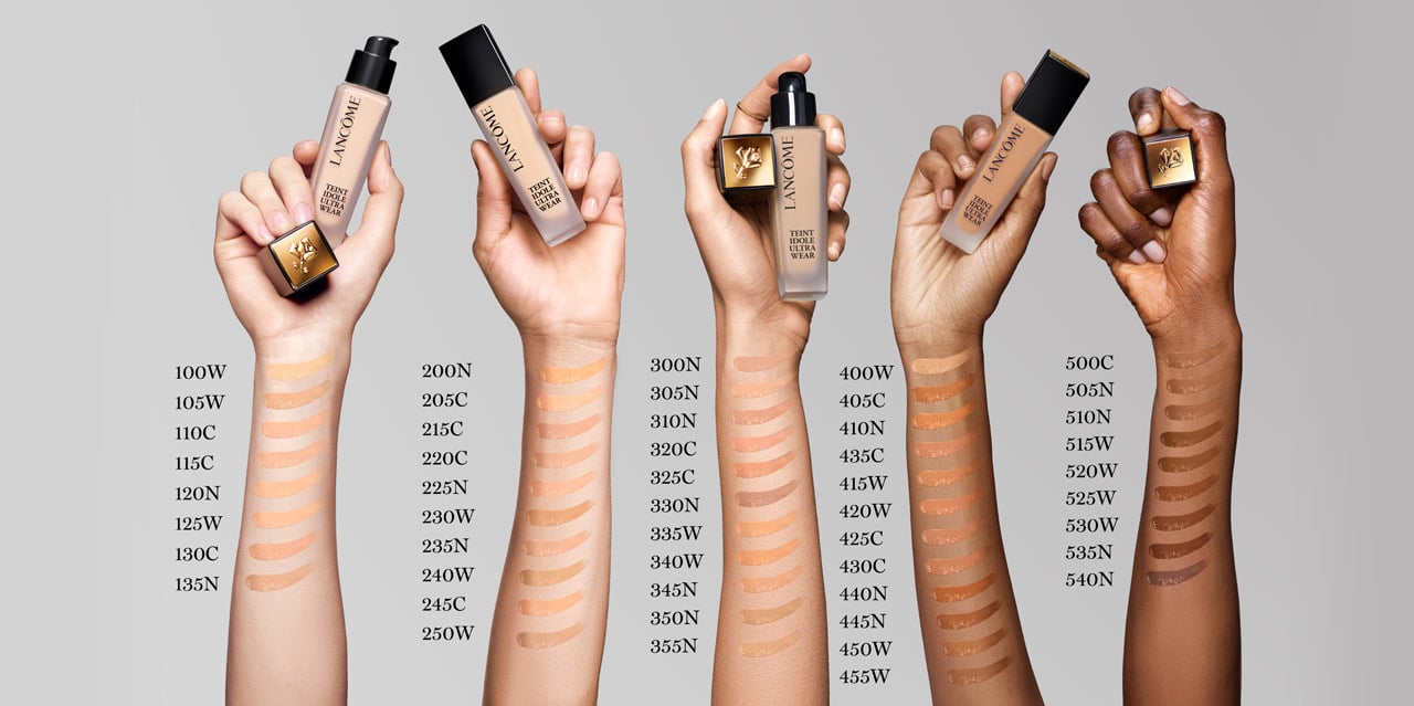 Teint Idole Foundation shade swatches with different undertones and skin tones